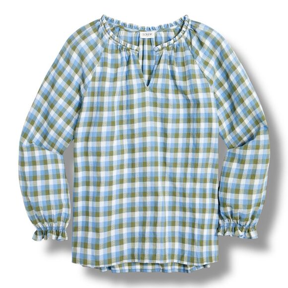 J Crew Blouse Womens M Green Tilly Plaid Artist Top Blue Ruffle Neck Boho Fall - Picture 1 of 9